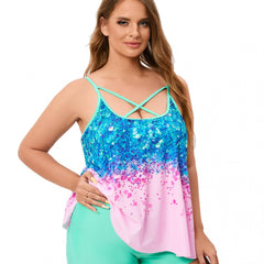 Women's Plus Size Sequin Print Criss Cross Tankini Set