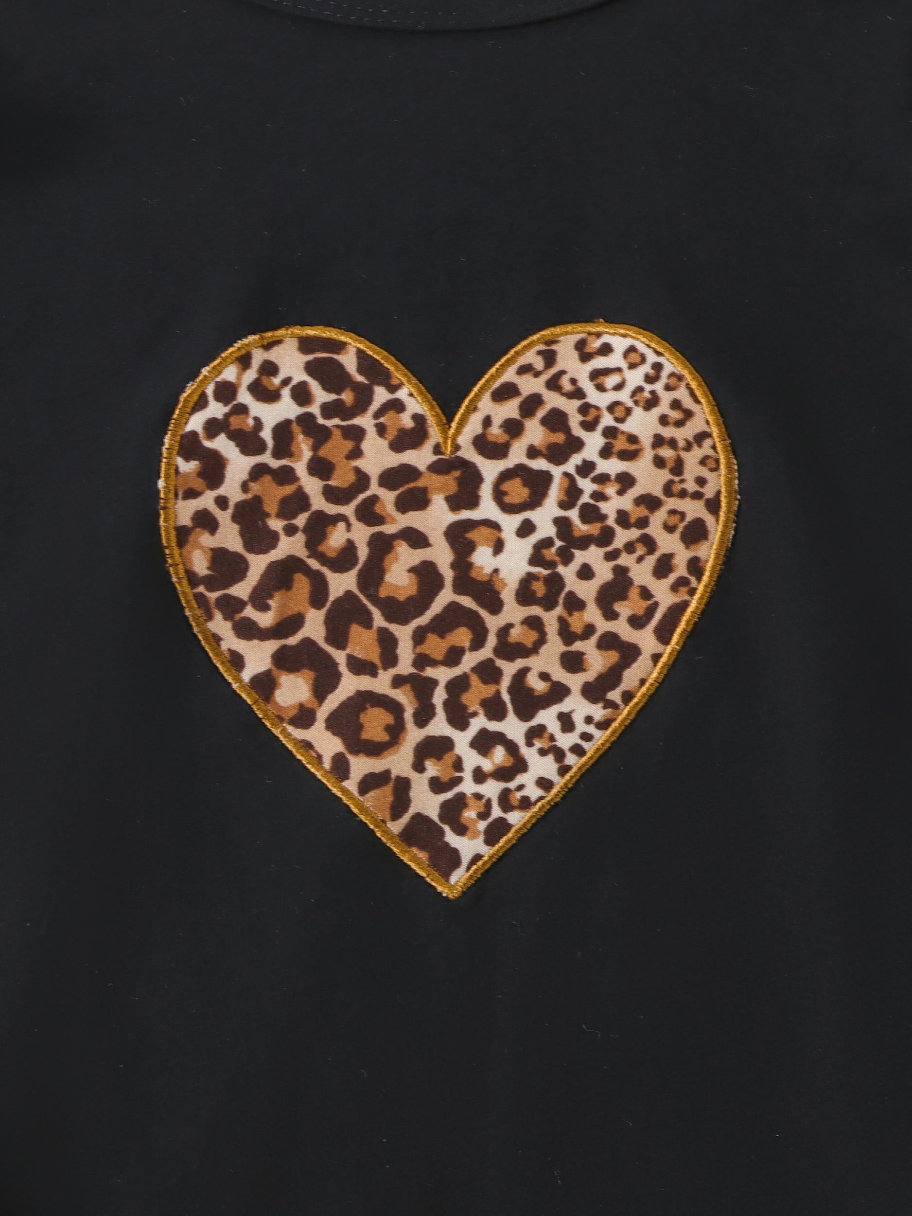 Leopard Heart Graphic Outfit Ruffled Long Sleeve Top & Pants Set