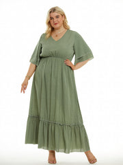Dot Print Layered Bell Sleeve Maxi Dress