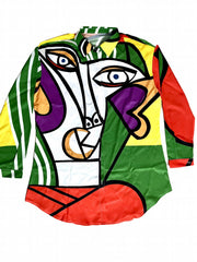 Abstract Figure Print Button Up Long Sleeve Blouse