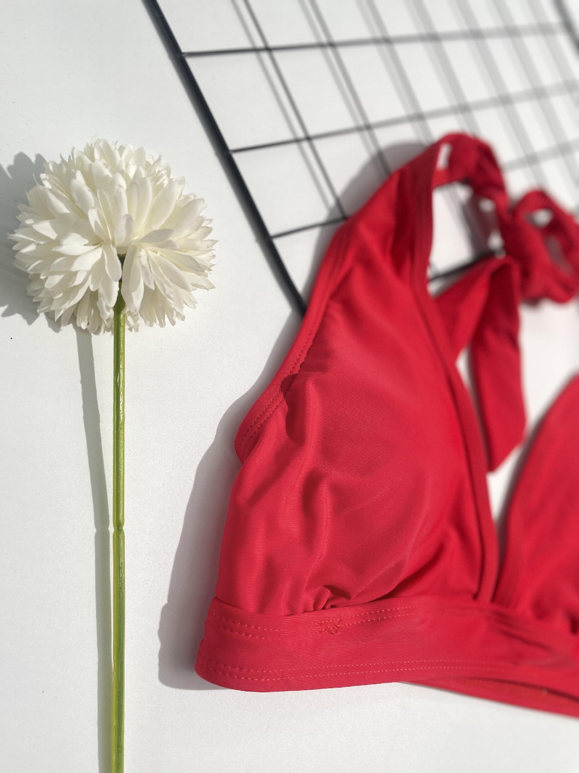 Cutout Lace Trim Halter Neck Red Solid Bra Top High Waist Plum Leaf Print Bikini