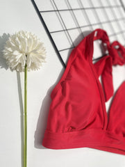 Cutout Lace Trim Halter Neck Red Solid Bra Top High Waist Plum Leaf Print Bikini