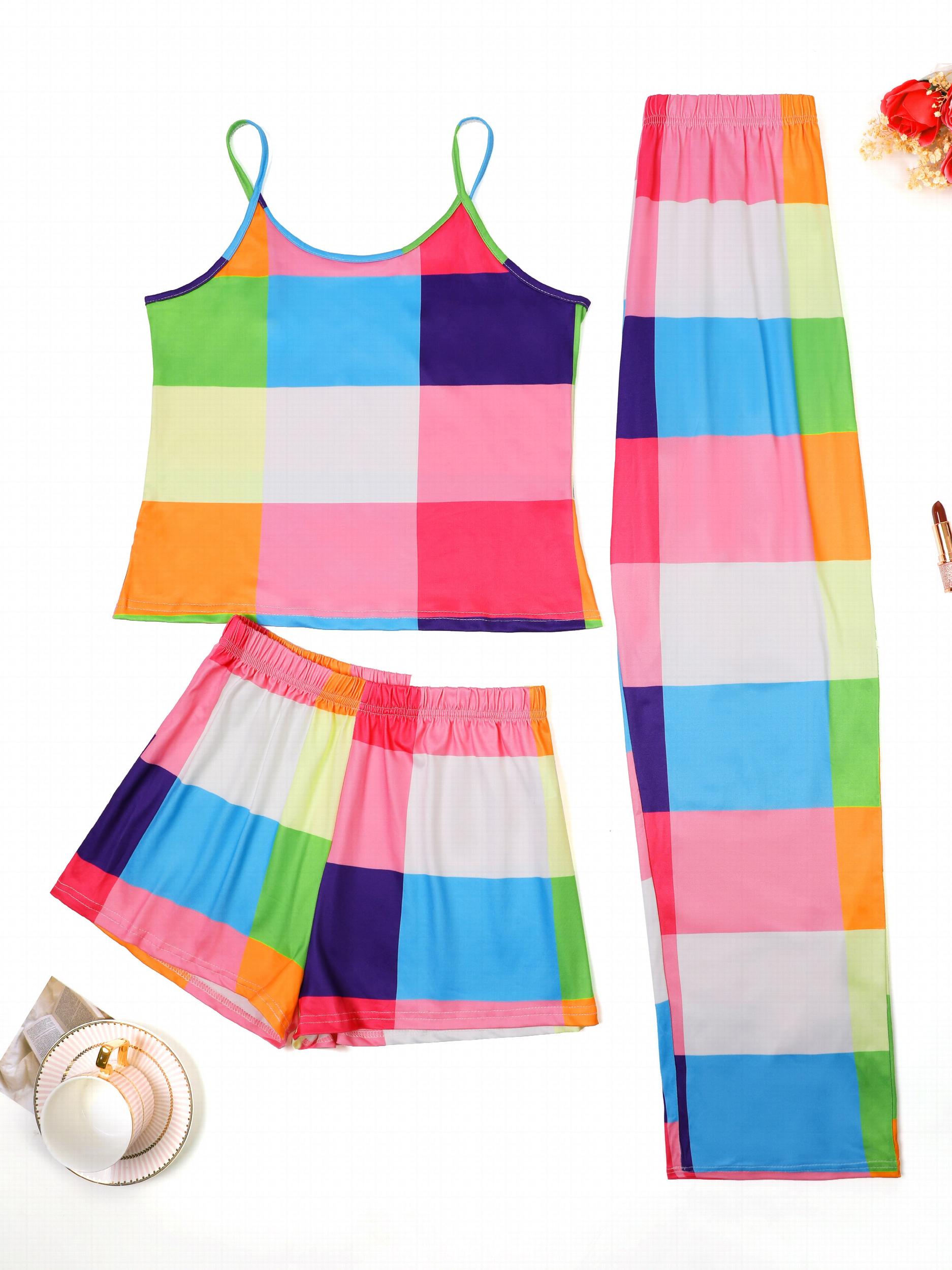 Colorful Plaid Cami Top & Shorts & Pants Pajamas Set
