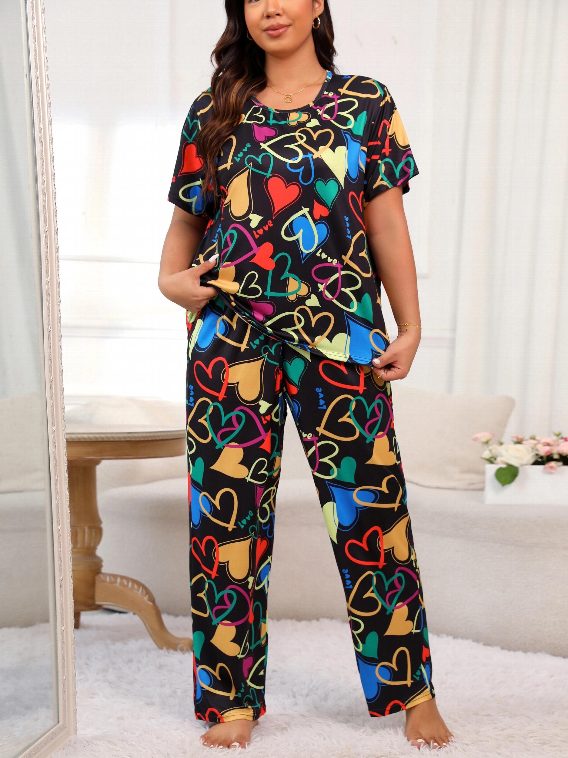 Heart Print Pajama Set Short Sleeve Tee & Pants Lounge Two Piece
