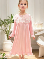 Girls Lace Up Neck Ruffle Pajamas Robe Kids Nightdress