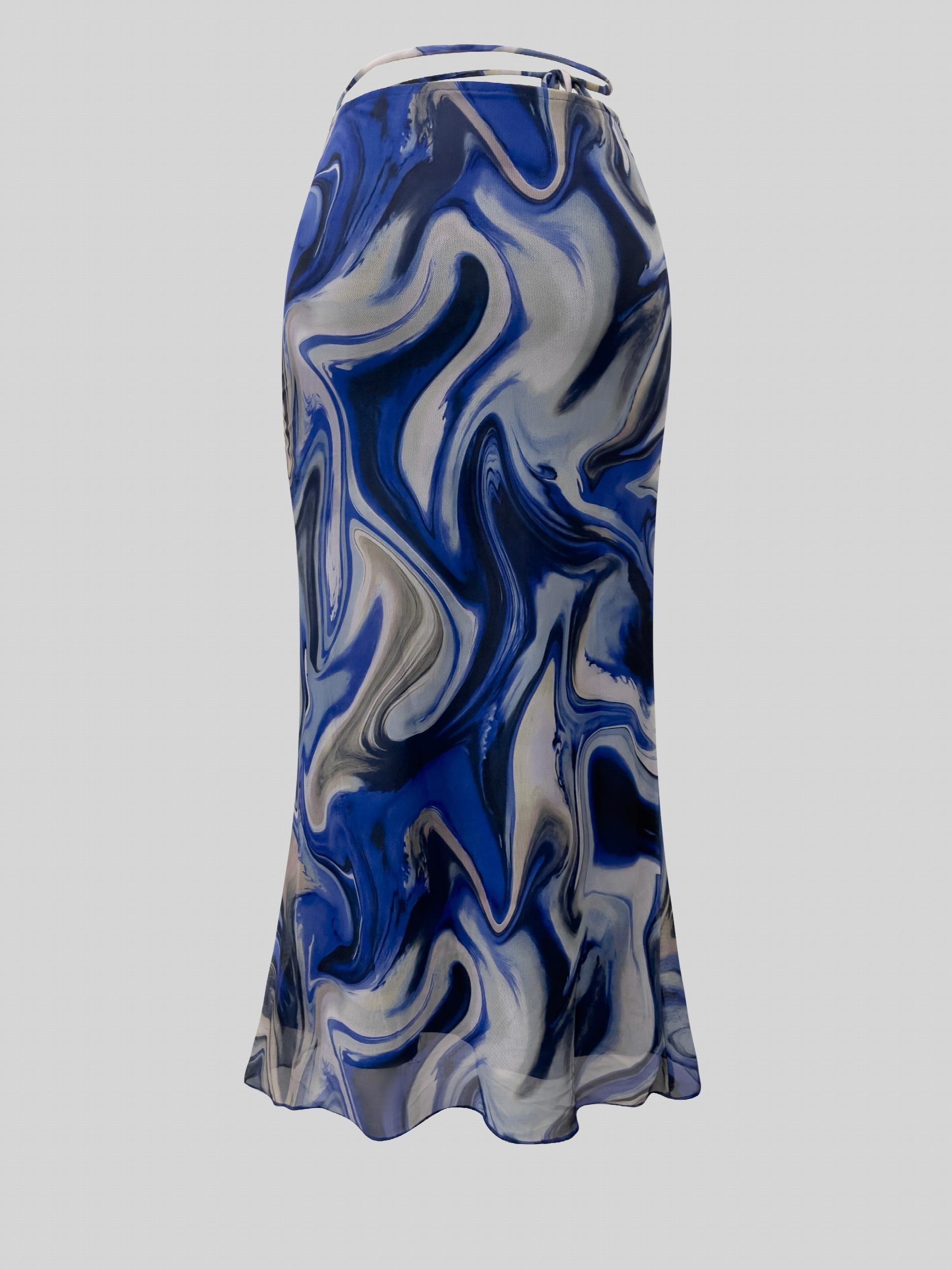 Mesh Skirt Tie Waist All Over Print Casual Spring Summer Women's Clothing