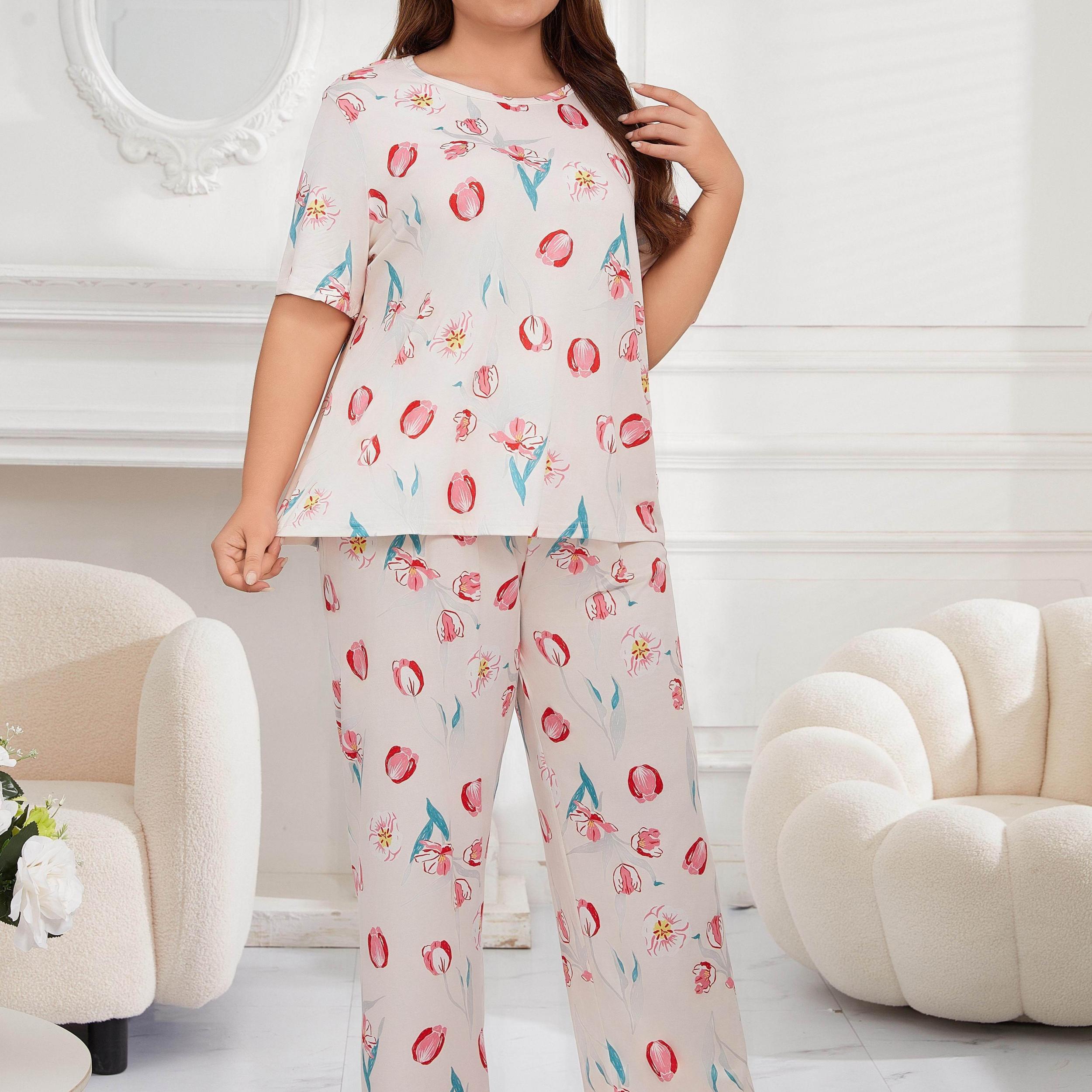Tulip Print Short Sleeve Tee & Pants Pajamas Set