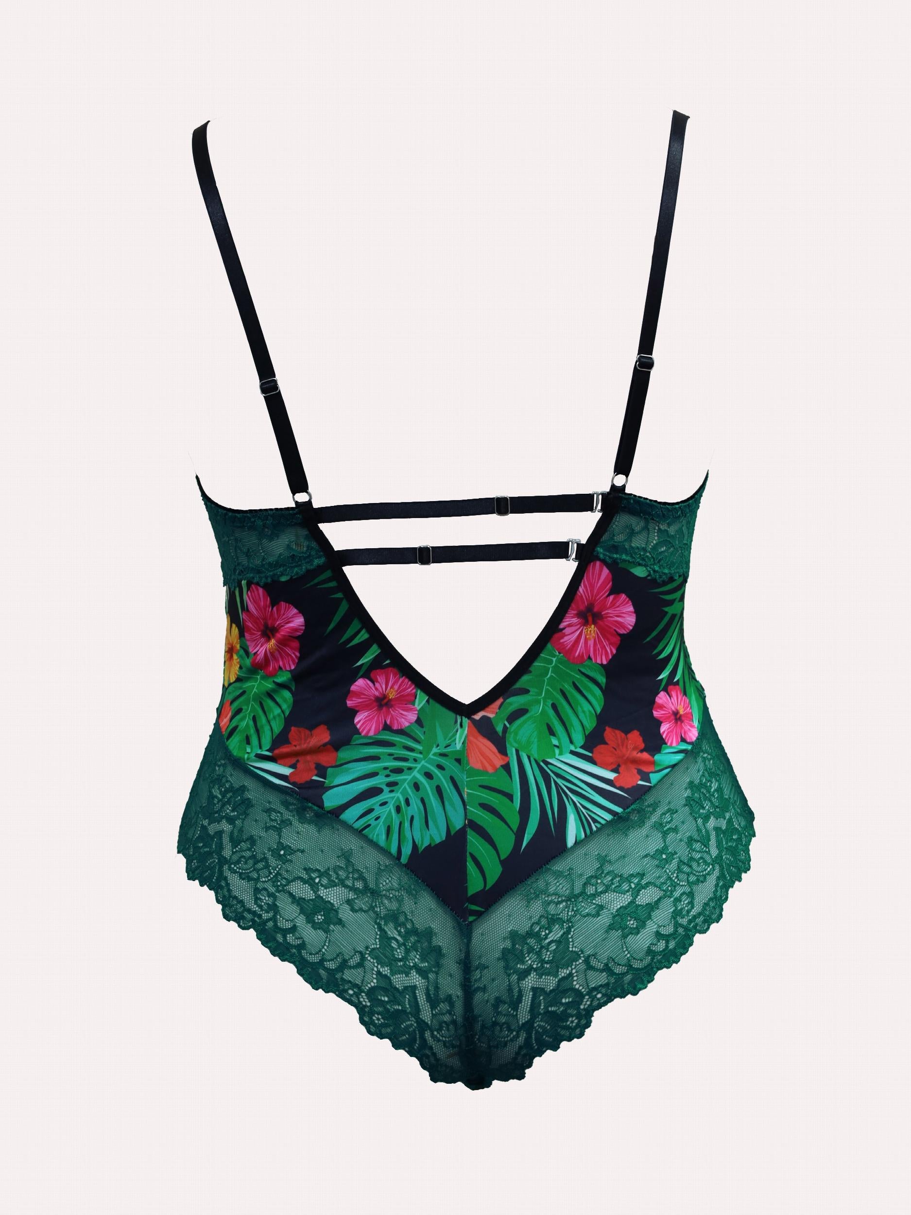 Tropical Print Lace Underwire Teddy Bodysuit