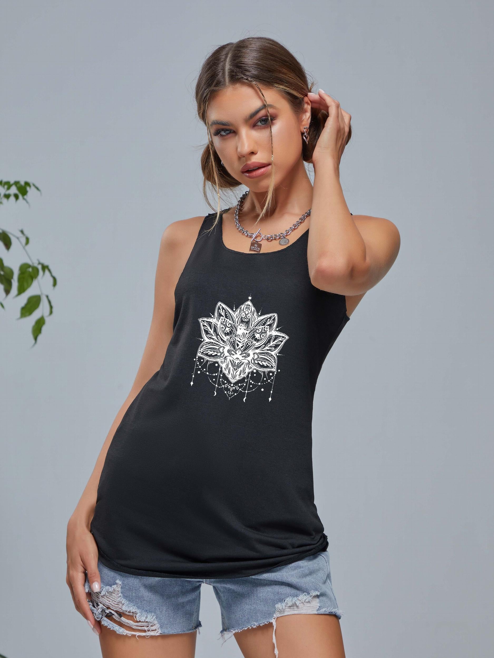 Lotus Graphic Sports Tank Top Crew Neck Sleeveless Shirts Women's Summer Tops