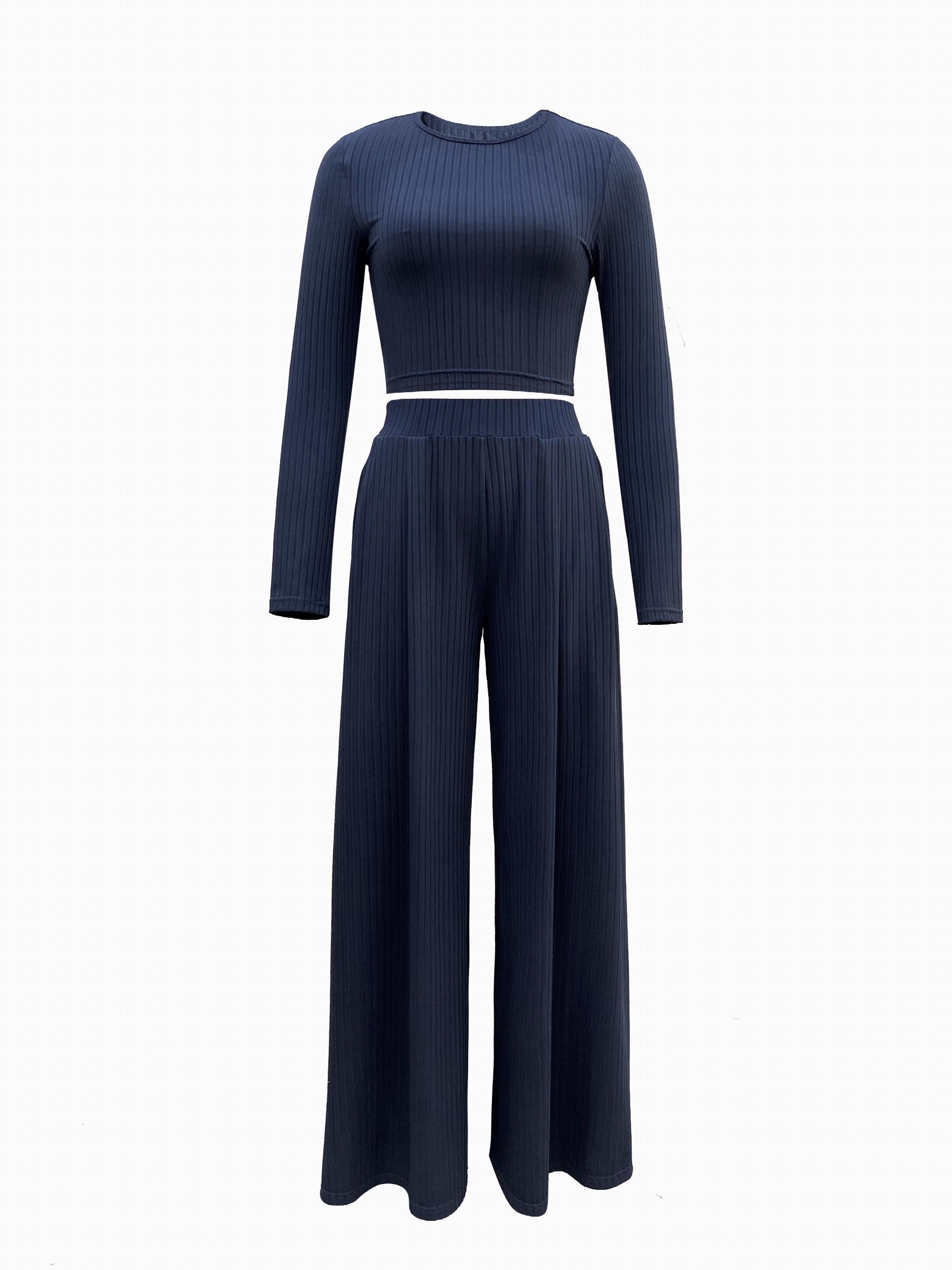Solid Casual Two piece Set Crew Neck Long Sleeve Tops & Draped Wide Leg Pants