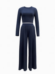 Solid Casual Two piece Set Crew Neck Long Sleeve Tops & Draped Wide Leg Pants
