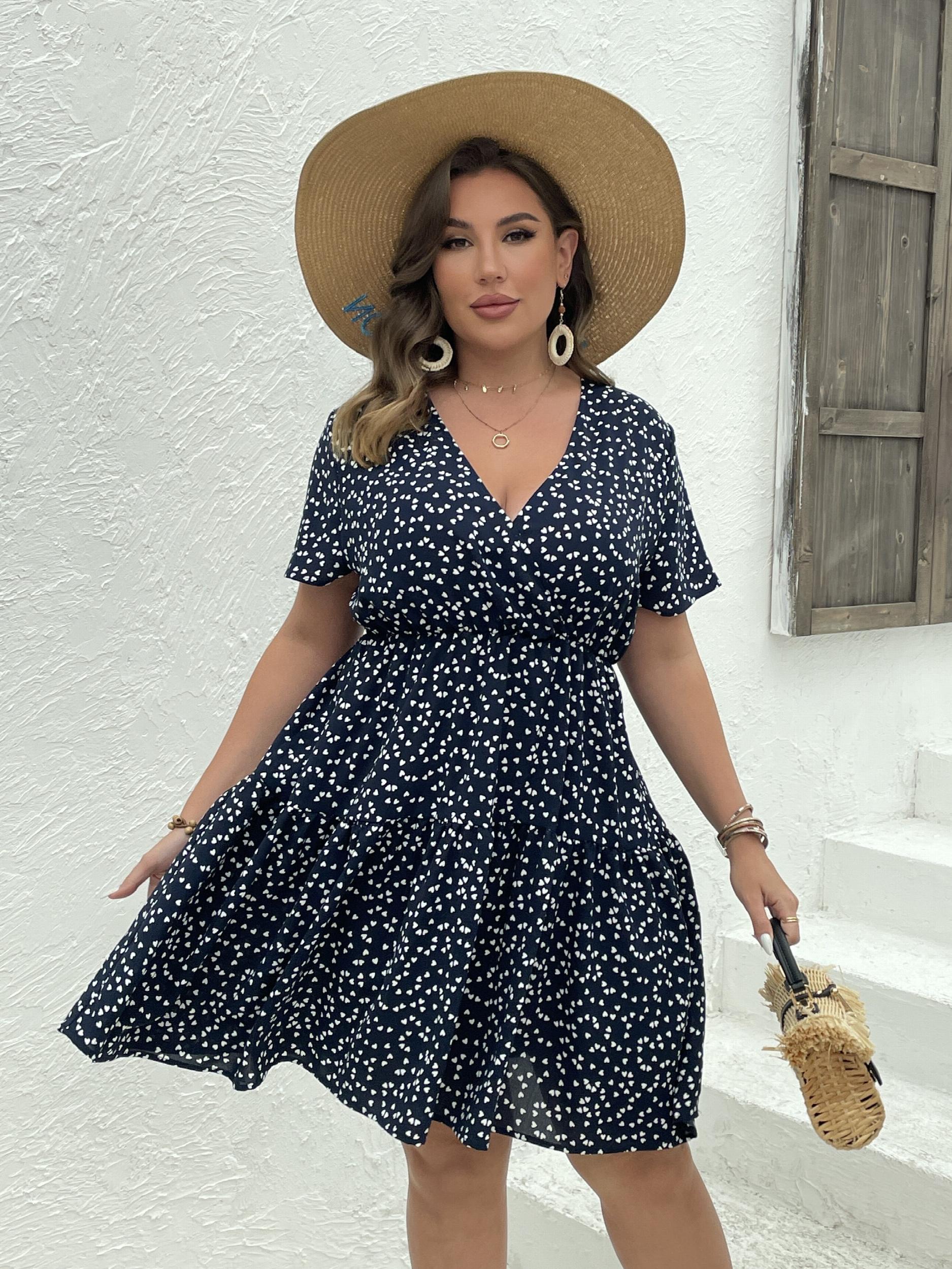 Pin Dots Print V Neck Midi Smock Dress