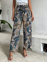Paisley Print Wide Leg Pants Boho Shirred Waist Pants