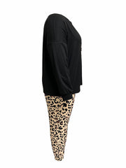 Leopard Print Plus Size Loungewear Set Long Sleeve Tee & Pants Pajama