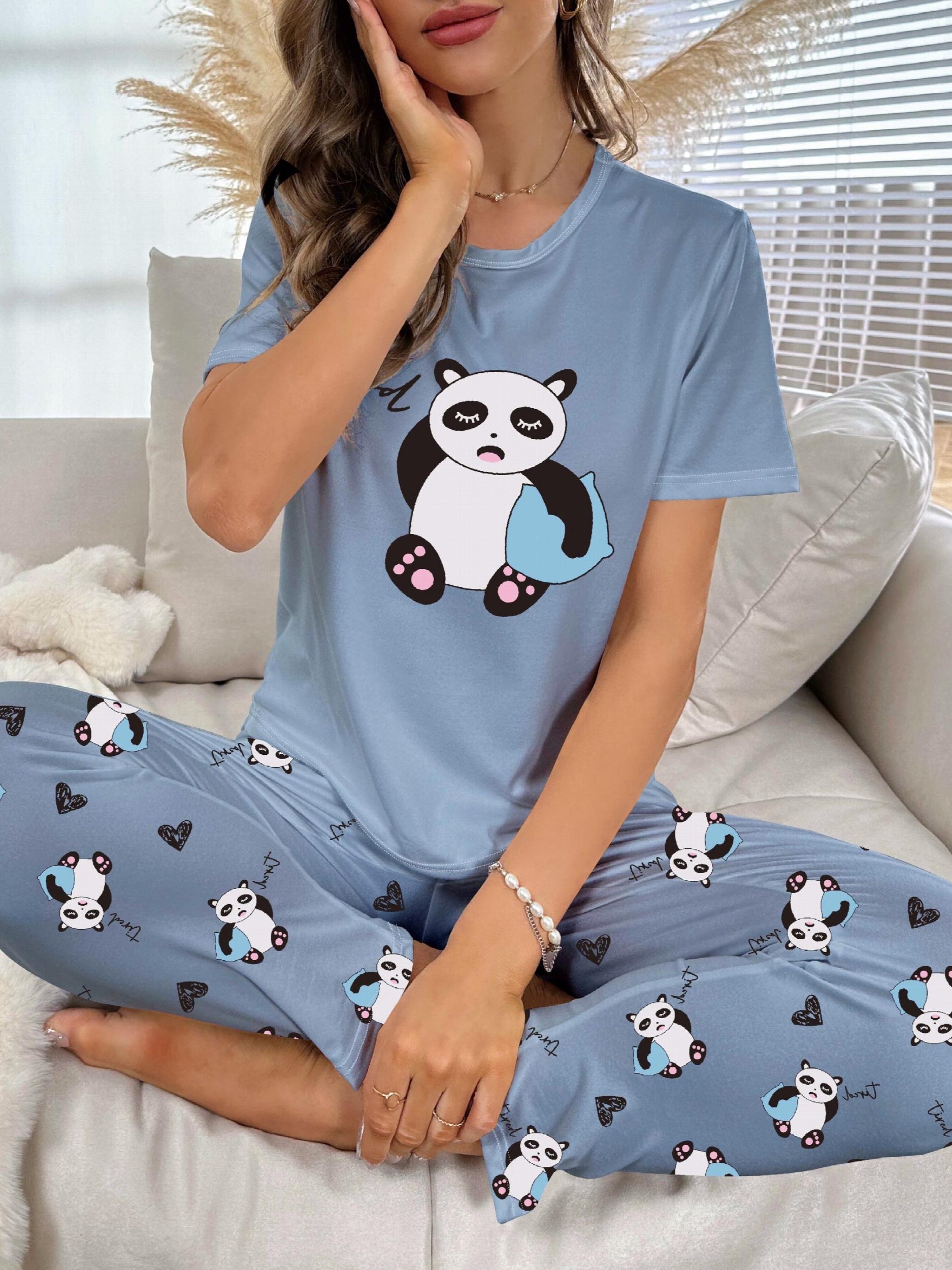 Panda Print Pajama Set Short Sleeve Crew Neck Top & Pants
