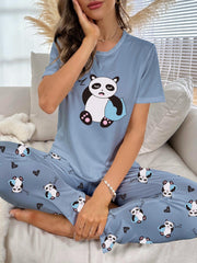 Panda Print Pajama Set Short Sleeve Crew Neck Top & Pants