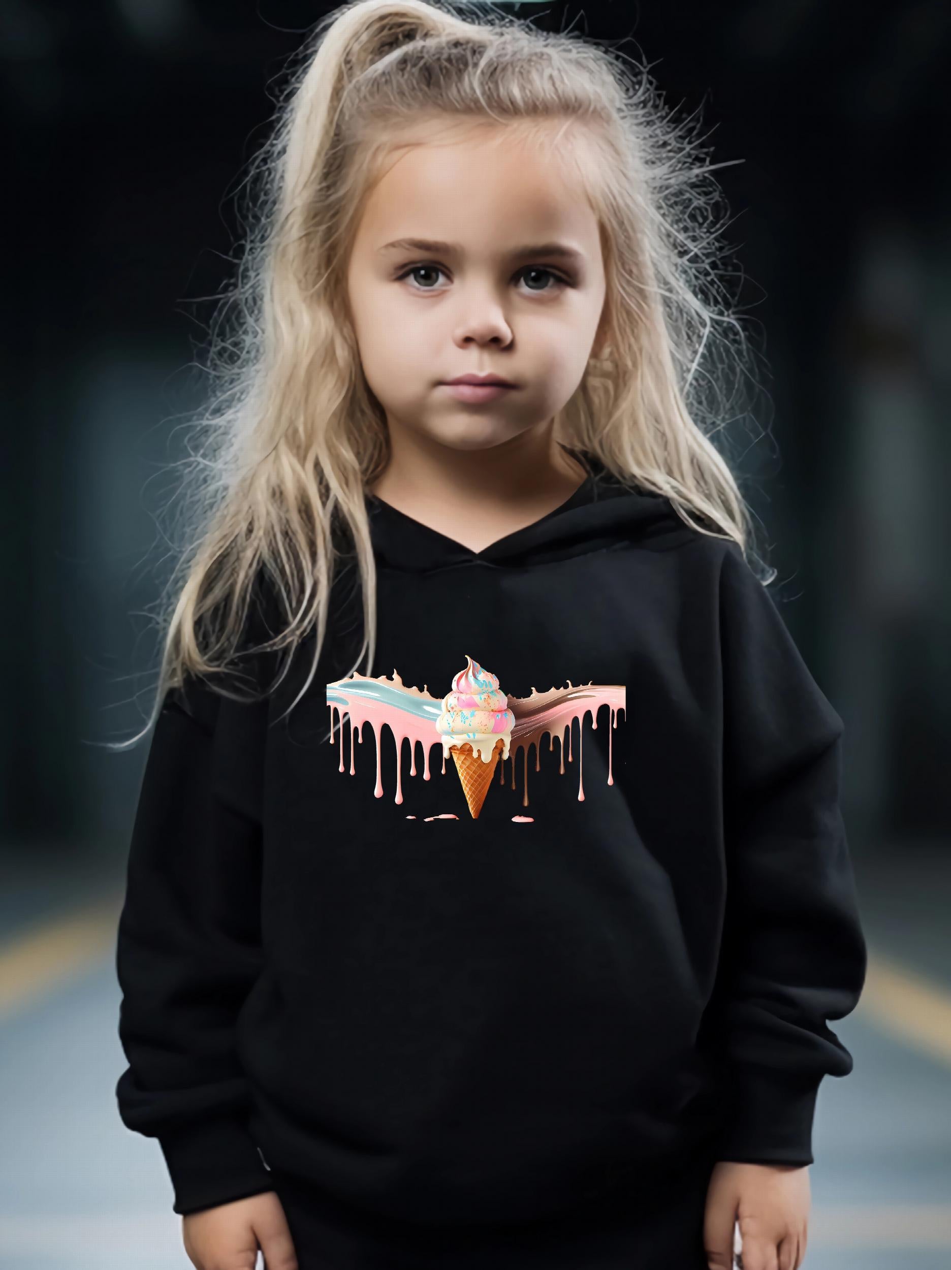 Ice Cream Pattern Long Sleeve Hooded Sweatshirt Girls Comfy Hoodies