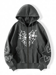 Gothic Heart Print Zip Up Hoodie Casual Long Sleeve Hoodies