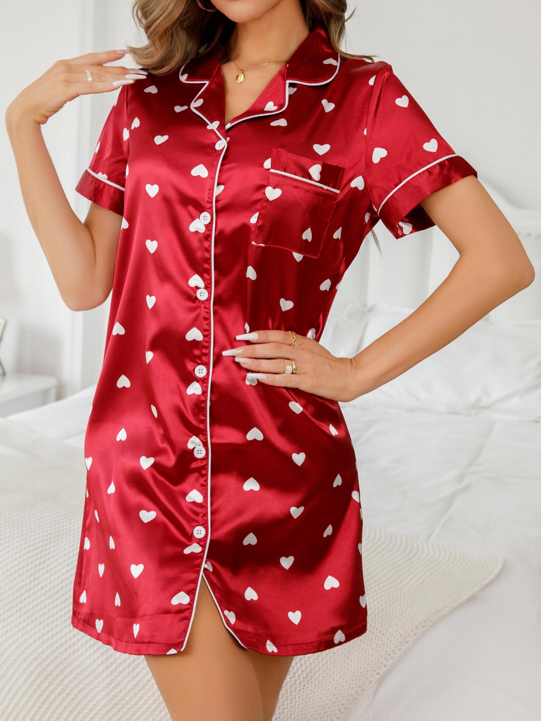 Heart Print Satin Nightdress Short Sleeve Sleep Dress