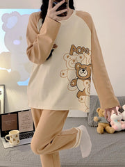 Bear Print Pajama Set Long Sleeve Crew Neck Top & Pants