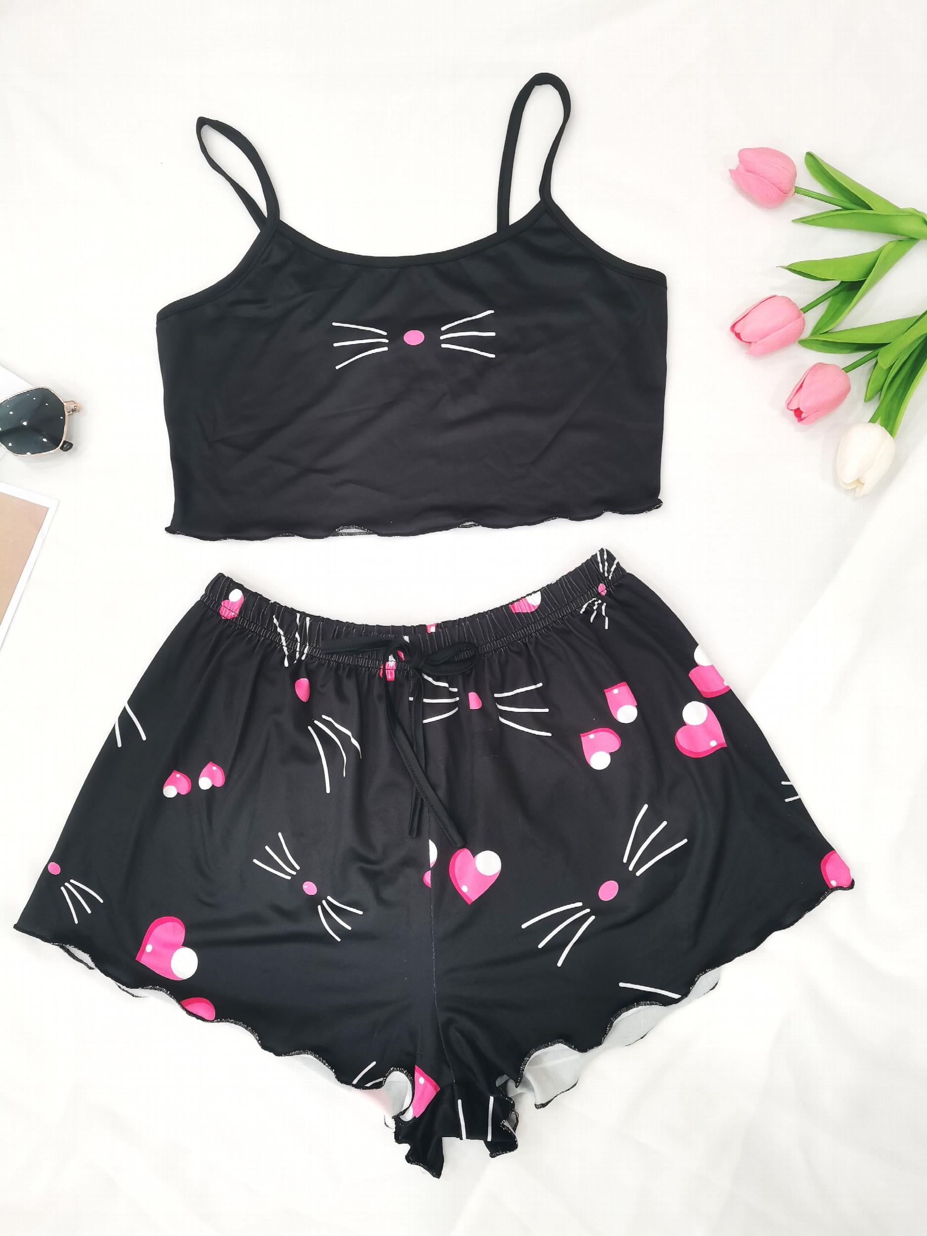 Cat Print Pajama Set Cami Top & Shorts