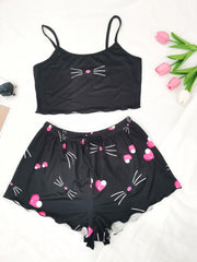 Cat Print Pajama Set Cami Top & Shorts