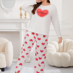 Heart Print Long Sleeve Tee & Pants Pajamas Set