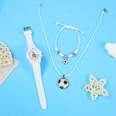 3pcs Boys' Quartz Watch Set Sports Silicone Strap Football Watch and Brace