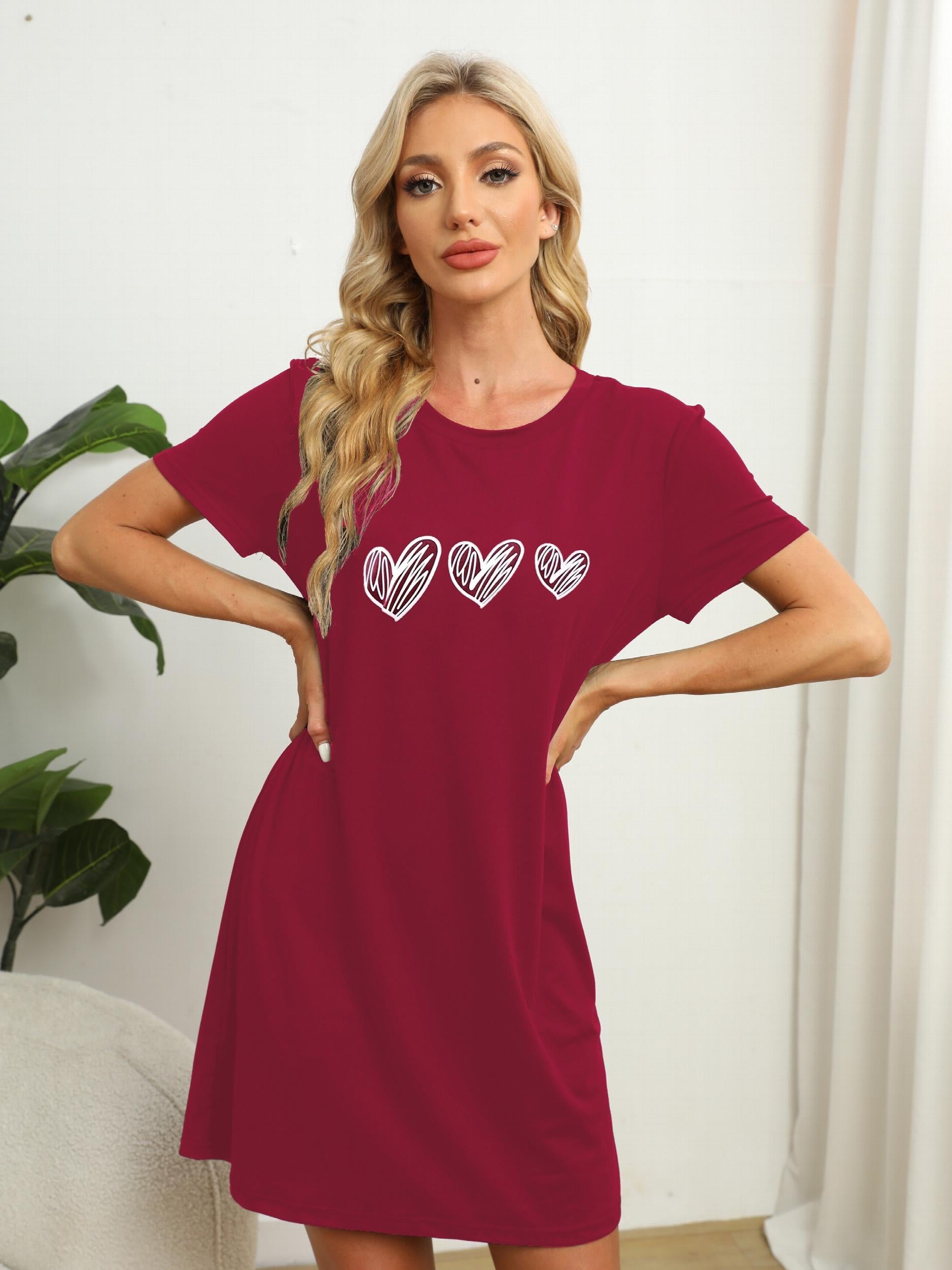 Heart Print Lounge Dress Soft & Comfy Short Sleeve Home Dress