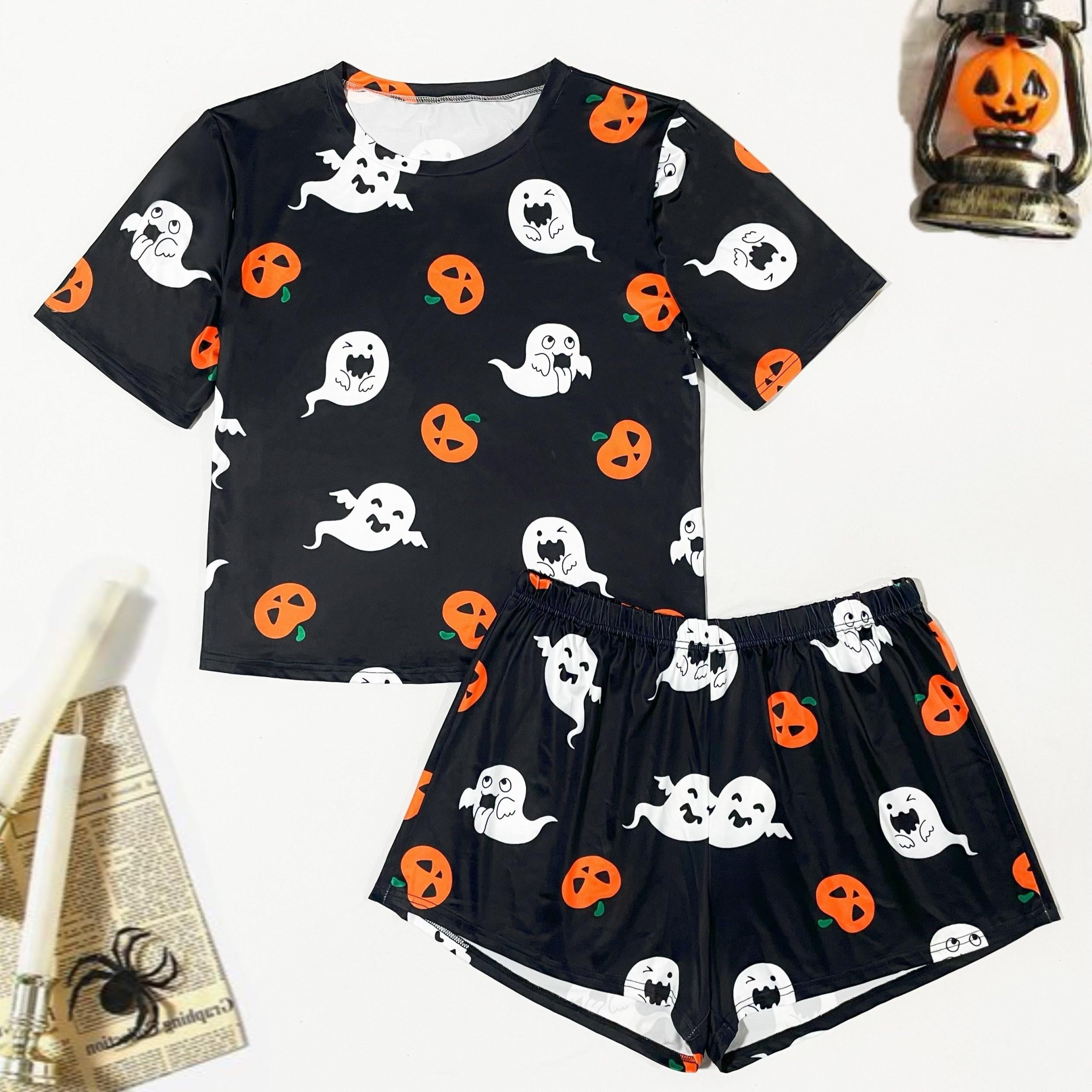 Plus Size Halloween Pajama Set Women's Plus Short Sleeve Tee & Shorts Lounge Set
