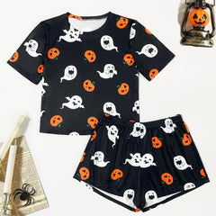 Plus Size Halloween Pajama Set Women's Plus Short Sleeve Tee & Shorts Lounge Set