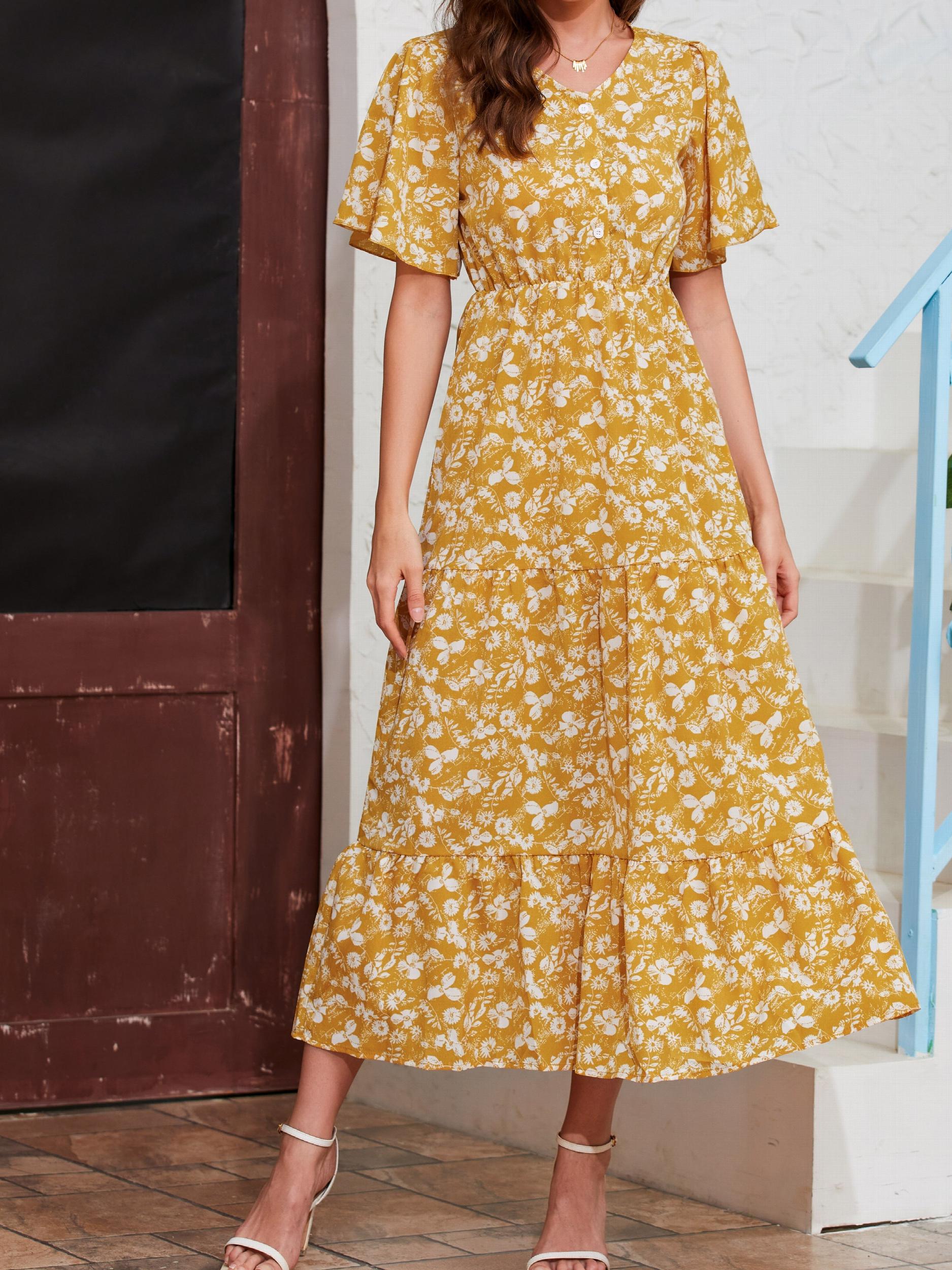 Floral Print High Waist Dress Maxi Casual Dress Women's