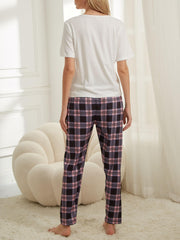 Print Pajama Set Short Sleeve Top & Plaid Lounge Pants Sleepwear