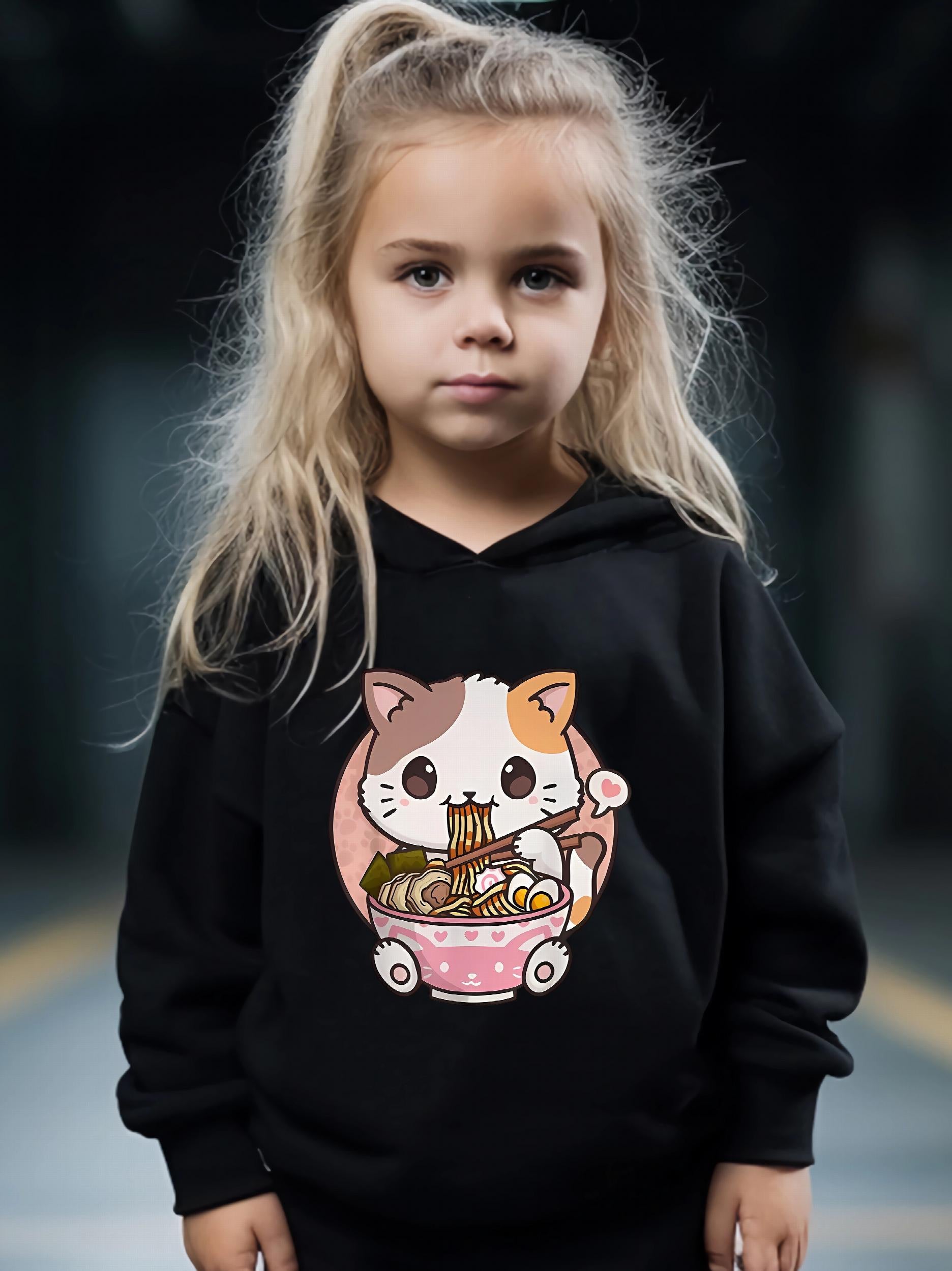 Cartoon Cat & Ramen Print Hoodie & Pants Set - Girl's Sporty Clothes