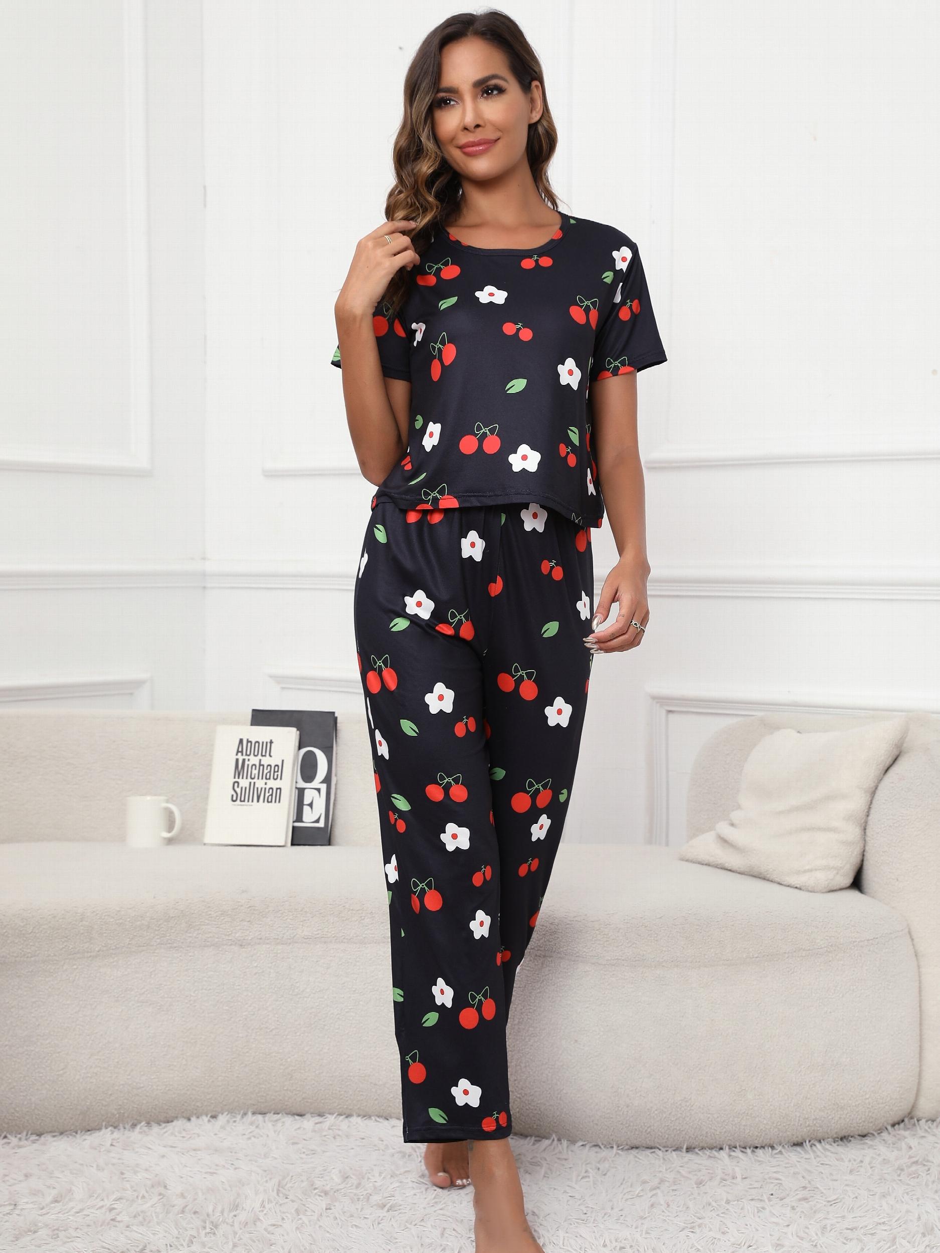 Floral & Cherry Print Pajama Set Short Sleeve Top & Pants Women's Sleepwear