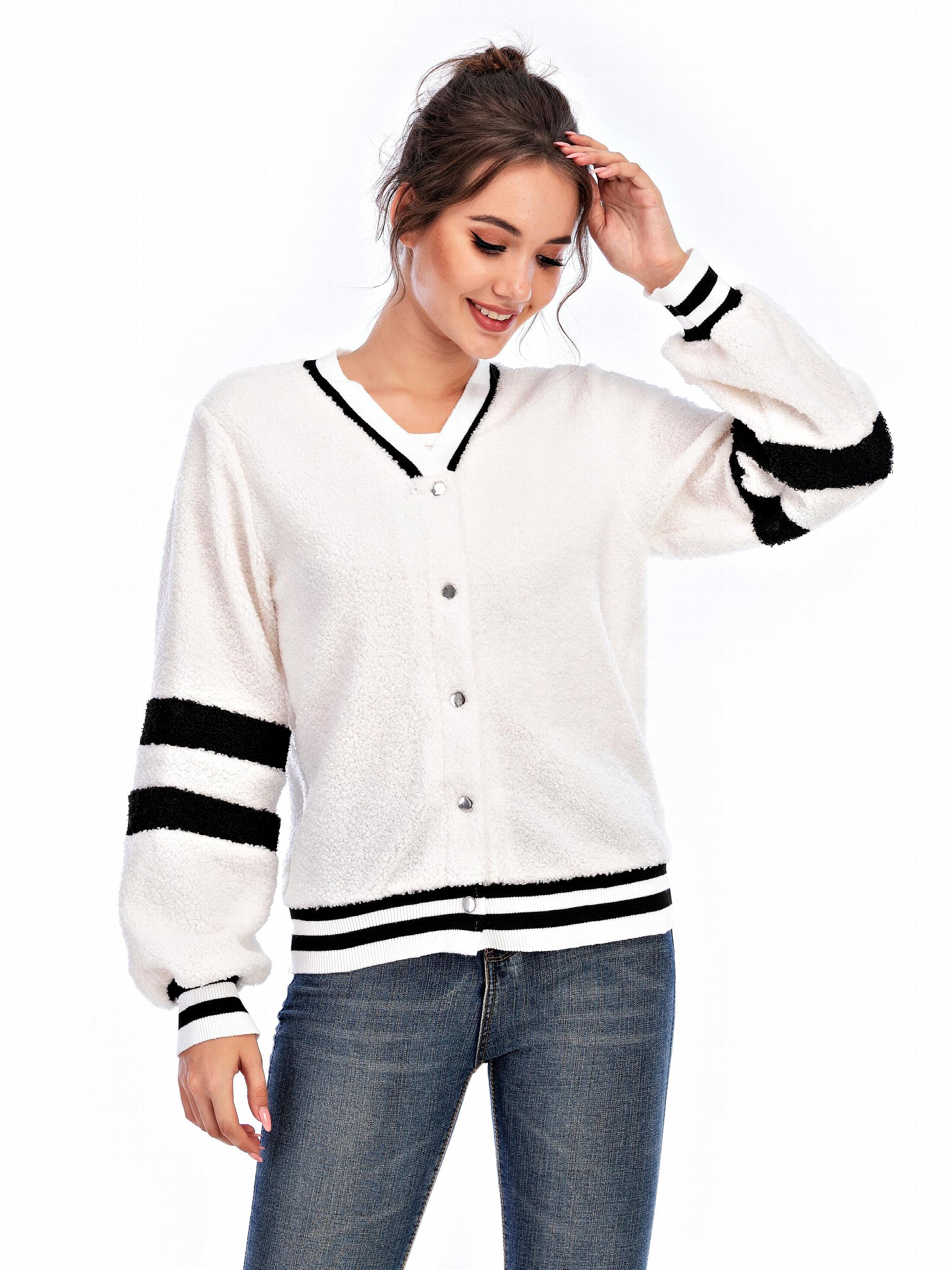Striped Print Button Front Preppy Jacket V Neck Long Sleeve Outerwear