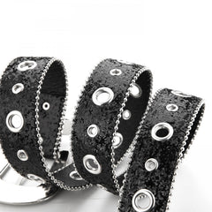 Y2K PU Belt Hollow Out Big Eyelet Rhinestone Belt