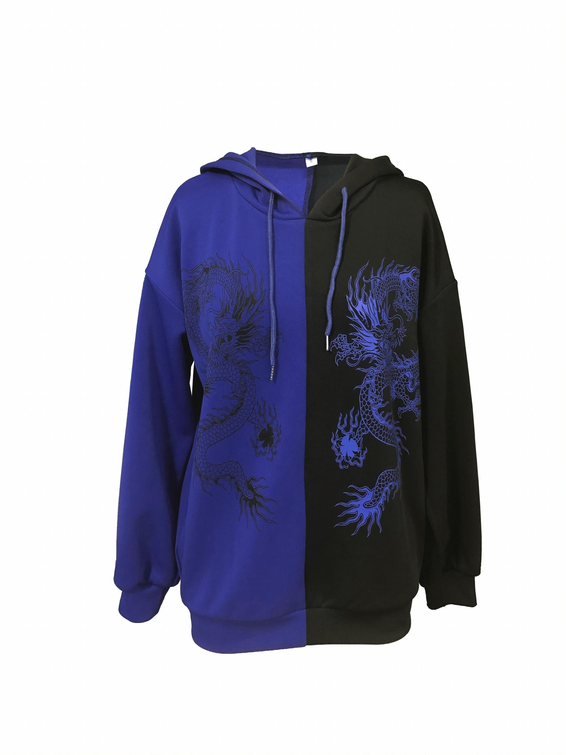 Dragon Print Two tone Hoodie Casual Long Sleeve Hoodies