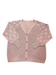 Solid Pointelle Long Sleeve V Neck Button Up Knit Cardigan