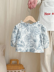 Girls Flowers Print Blouse Baggy Fit Ruffle Neck Shirts Kids Summer Clothes