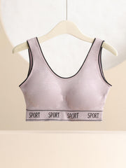 Casual Sports Bra Women's Plus Letter Tape Solid Round Neck