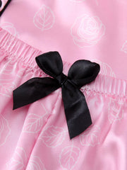 Rose Print Satin Pajama Set Short Sleeve Top & Shorts