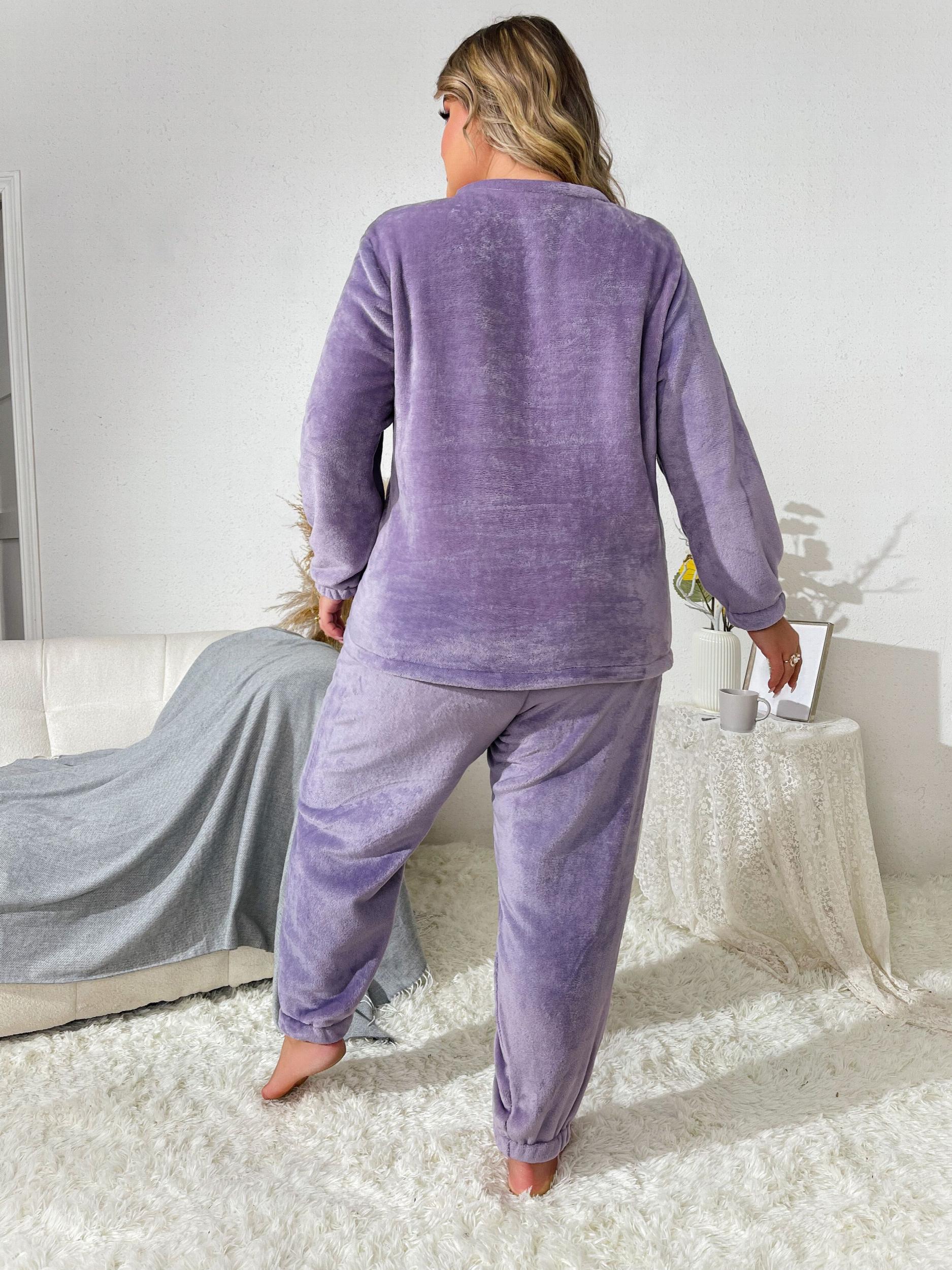 Women's Plus Eyelash Embroidered Flannel Top & Joggers Pajama Set
