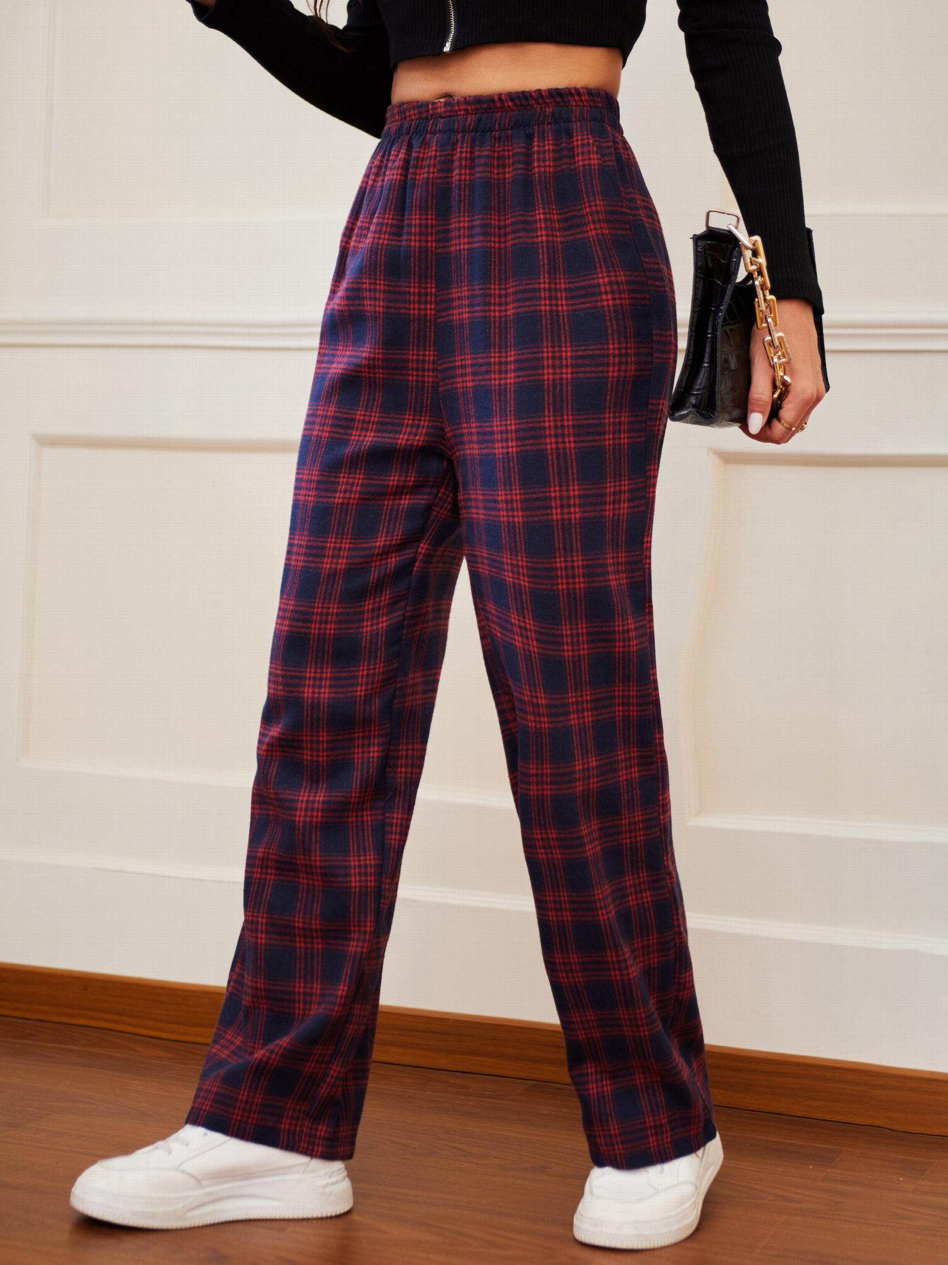 Plaid Elastic Waist Straight Leg Pants for Women