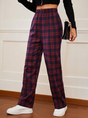 Plaid Elastic Waist Straight Leg Pants for Women