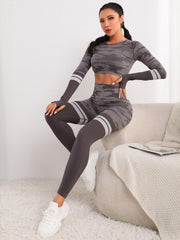 Camouflage Striped Long Sleeve Crop Top & Sports Set Suit