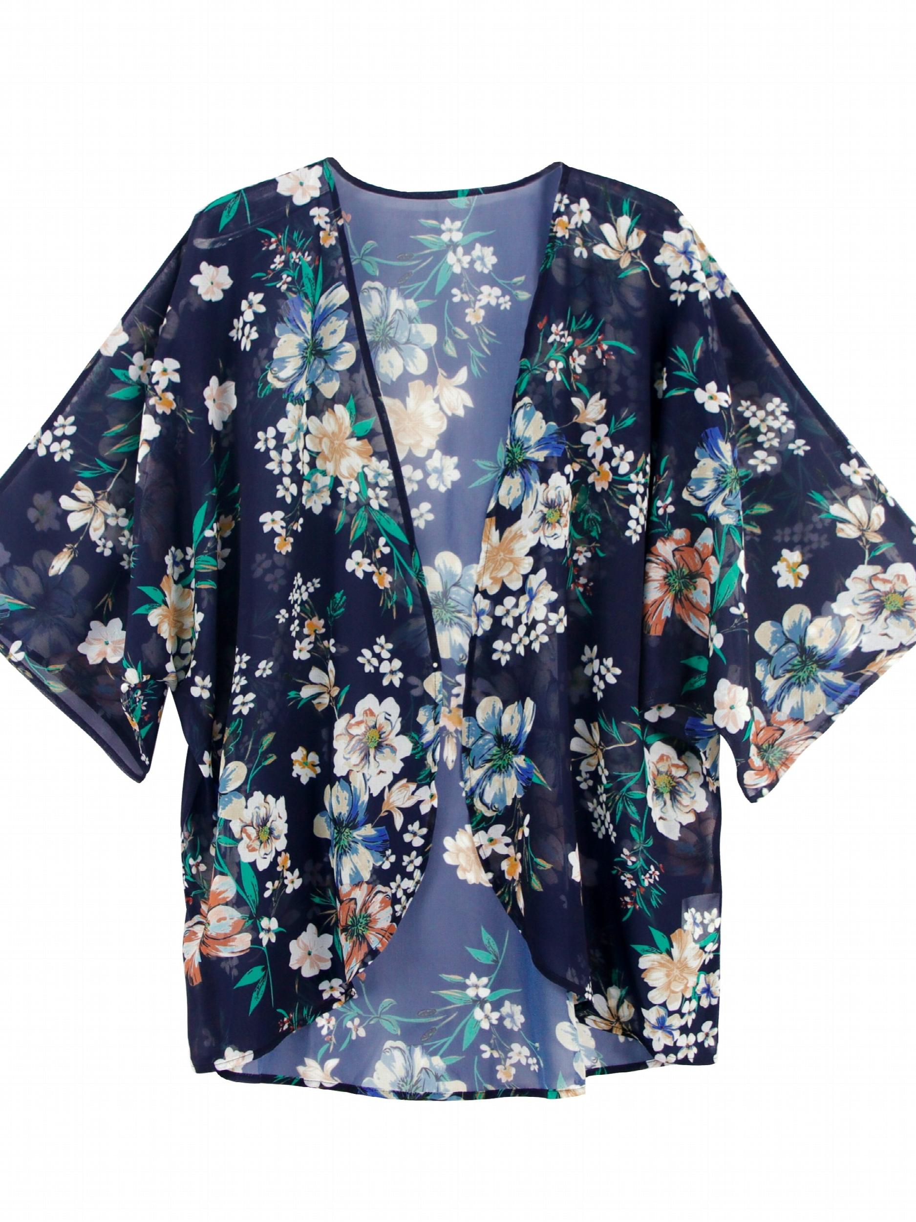 Floral Print V Neck Sheer Sleeves Cover Up Shirt