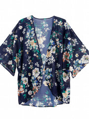 Floral Print V Neck Sheer Sleeves Cover Up Shirt