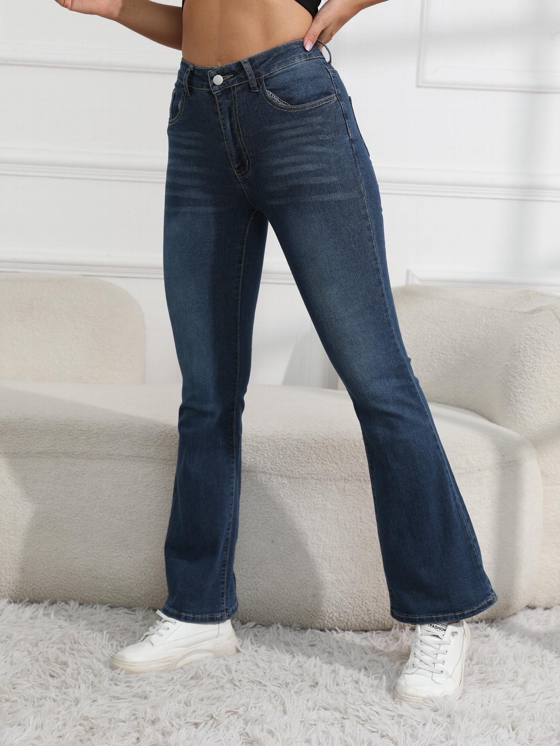 Dark Flared Jeans Bell Bottom Slash Pockets Wide Legs Denim Pants