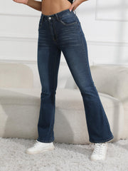 Dark Flared Jeans Bell Bottom Slash Pockets Wide Legs Denim Pants